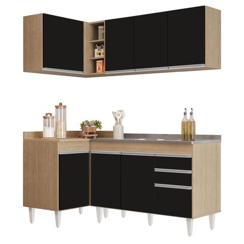Armário de Cozinha Modulado de Canto Direito 4 Peças CP39 com Pia Inox Castanho/Preto - Lumil Lumil 
