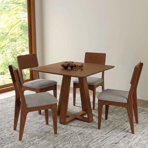 Conjunto Sala de Jantar Mesa Quadrada 90cm com 4 Cadeiras MDF Pinhão/Bege Claro