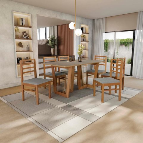 Conjunto Sala de Jantar Elisa em Madeira Maciça 6 Cadeiras Boucle Cinza