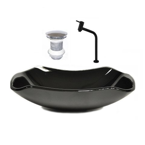 CUBA DE VIDRO ABAULADA 45CM PRETO + VALVULA + TORNEIRA PRETA
