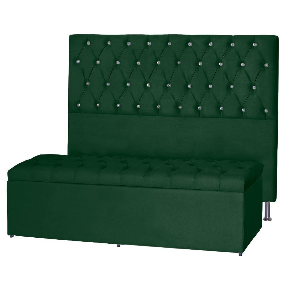 Kit Cabeceira 138Cm p/ Cama Box Casal + Baú 138Cm Calçadeira Estofada Imperatriz Suede Verde - 2