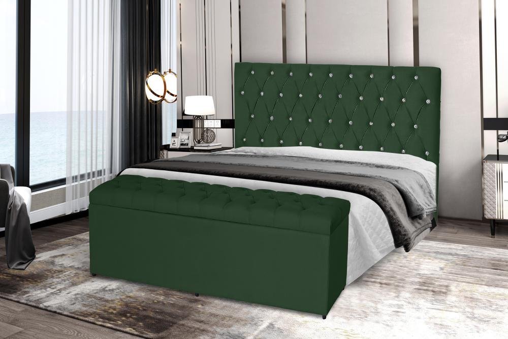 Kit Cabeceira 138Cm p/ Cama Box Casal + Baú 138Cm Calçadeira Estofada Imperatriz Suede Verde