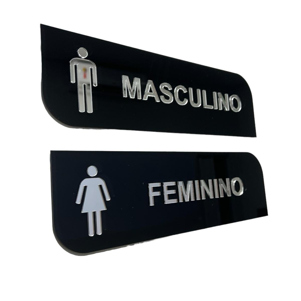 Kit 2 Placas Wc Acrílico Preto com Prata Masculino Feminino - 2