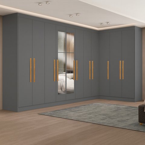 Guarda-roupa Modulado de Canto com Puxadores Mdf e Espelho Paris