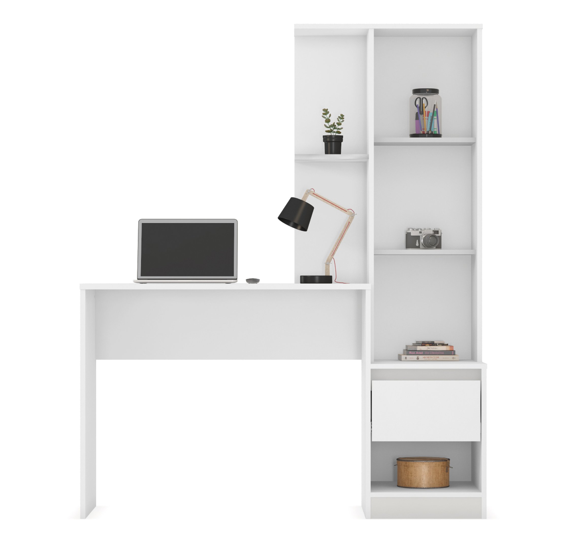 Mesa Escrivaninha Home Office com Armario Quarto Sala Escritorio Estante Livros Morada Cor Branco