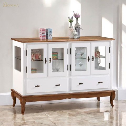 Balcão Buffet com 4 Portas e 2 Gavetas Prateleira em Vidro Pés Luis Xv 60510 Linz Móveis