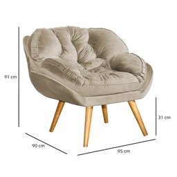 Poltrona para Recepção Califórnia Senior Decorativa Estofada Veludo Bege Base Madeira Maciça - 3