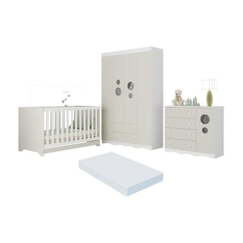 Quarto de Bebê Completo Berço Americano 3 em 1 Colchão Sonho Multimóveis Mp4631 Branco/off White