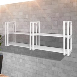 Prateleira Suspensa Industrial Elegante com 6 Hastes Brancas e Mdf Branco P/ Sala Quarto Escritório - 2