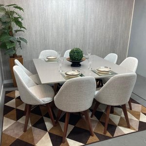 Sala de Jantar Mesa Versatille Quadrada com 8 Cadeiras Dilly Fixas D'confort Design Linho Cinza R507