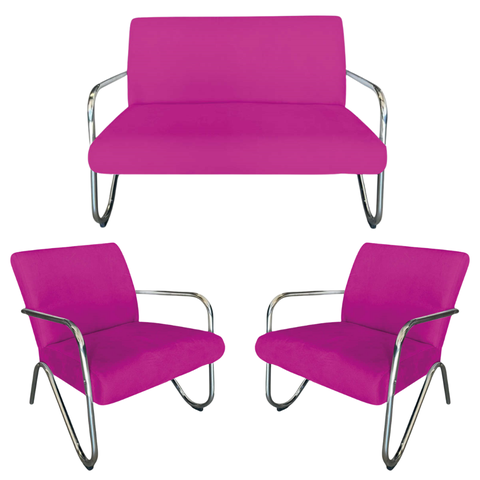 Kit Namoradeira + 2 Poltronas Decorativa Bela Couro Rosa Pink Braço Cromado