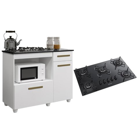 Kit Balcão para Cooktop Cozinha Kaiki Violeta Branco com Fogão Cooktop 5 Bocas Itatiaia Essencial Pr