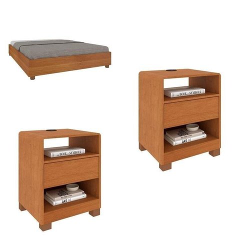 Conjunto com Cama e 2 Mesas de Cabeceira 1 Gaveta Luna em MDF Marrom/Cinamomo