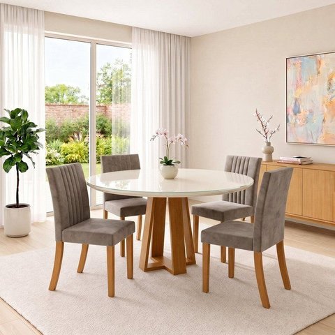Conjunto Sala de Jantar Mesa Lisa 140cm com Tampo MDF e Vidro Redonda 4 Cadeiras Lily