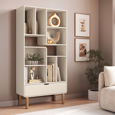 Estante para Livros Orgânica Curva 1 Gaveta 180cm 100% MDF BP com Pés em Madeira Maciça Aura Branco/Offwhite