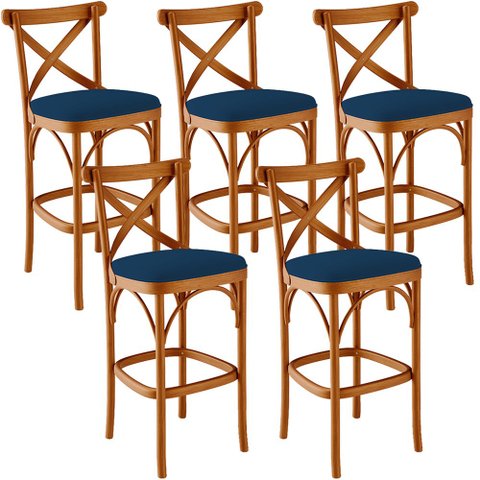 Kit 05 Banquetas Altas Cozinha Bancada Bar Sala Jantar Estofada Ávila L02 Suede Azul Marinho - Lyam 