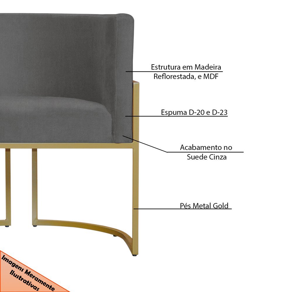 Kit 3 Poltronas Decorativa Sala de Estar Luana Base Gold Suede Cinza - Montanaris Decor Md Montanari - 6