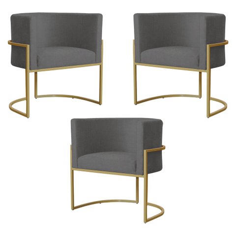 Kit 3 Poltronas Decorativa Sala de Estar Luana Base Gold Suede Cinza - Montanaris Decor Md Montanari