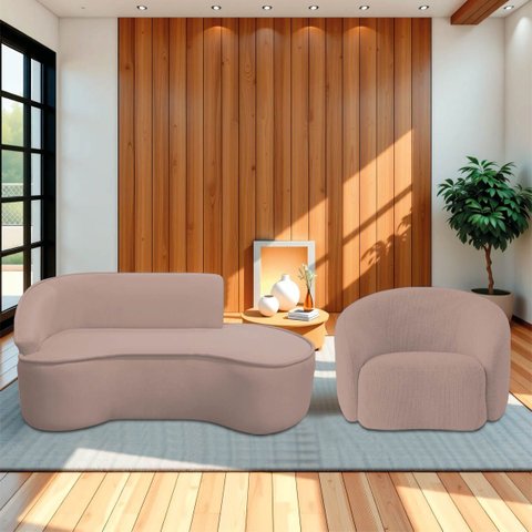 Kit Divã Recamier Orgânico Marrocos 160cm Lado Direito e 1 Poltronas Amore Linho