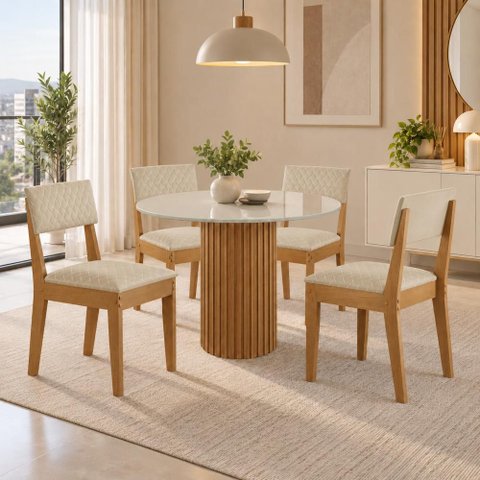 Sala de Jantar 4 Lugares Mesa Jolie 100cm Tampo Redondo de Vidro e 4 Cadeiras Estofadas Copper Soft