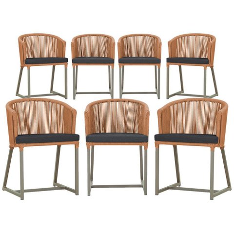7 Cadeiras de Jantar Área Noronha em Alumínio com Pintura Fendi Corda Náutica Estofado 11 Trama Orig