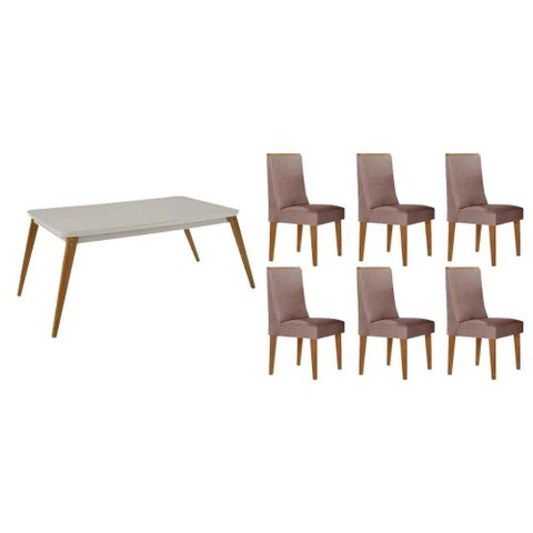 Conjunto: Mesa Sala Jantar Havana Curvo 180cm + 6 Cadeiras Dakota Naturale/off White - Linho