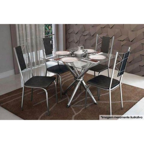 Sala de Jantar Completa Volga c/ Tampo Vidro 90cm + 4 Cadeiras Lisboa Cromado/Courano Preto -