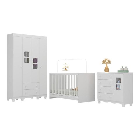 Quarto de Bebê Completo com Berço 3 em 1 para Colchão 130x60cm Luna Multimóveis Mp4520 Branco