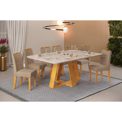 Conjunto: Mesa Sala Jantar Celeste C/ Tampo Madeirado C/ Vidro Retangular 160x90cm e 6 Cadeiras