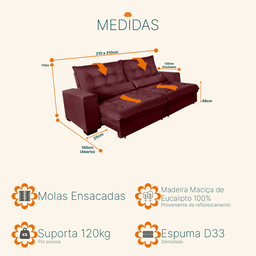 Sofá Retrátil e Reclinável 2,50m Molas Ensacadas Suede Miami - Sofá Casa - 3