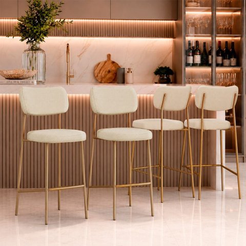 Kit 4 Banquetas Baixa Sala de Jantar Lisa Pés Champanhe Linho Bege m² - Monari Design