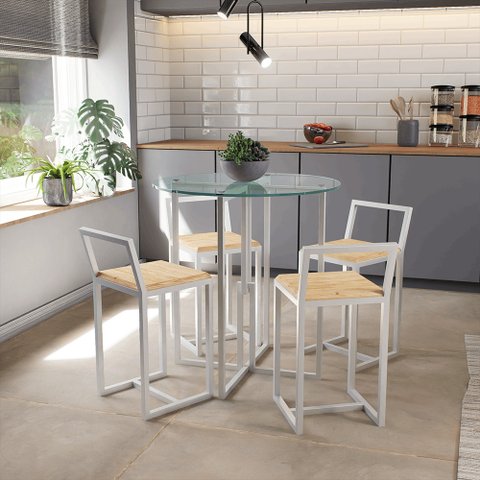 Conjunto Mesa Redonda Vidro 4 Cadeiras Pequena Pinus Industrial White