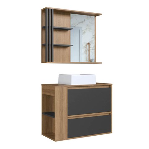 Gabinete 80cm Estela Mel Grafite Cuba Branca com Espelheira 1 Gavetão e 1 Basculante Armário de