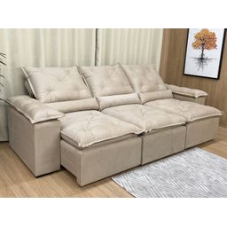 Sofá Retrátil e Reclinável 2,70m em Tecido Veludão C/pillow Nos Braços Athenas:bege - 1