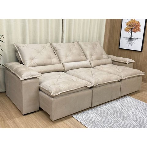Sofá Retrátil e Reclinável 2,70m em Tecido Veludão C/pillow Nos Braços Athenas:bege