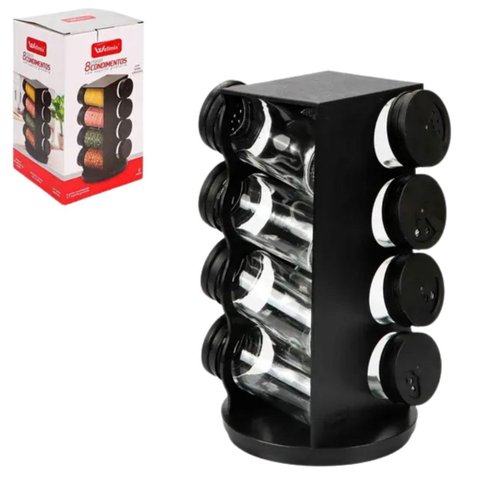 Organizador de Condimentos 8 Potes Vidro Giratório Preto