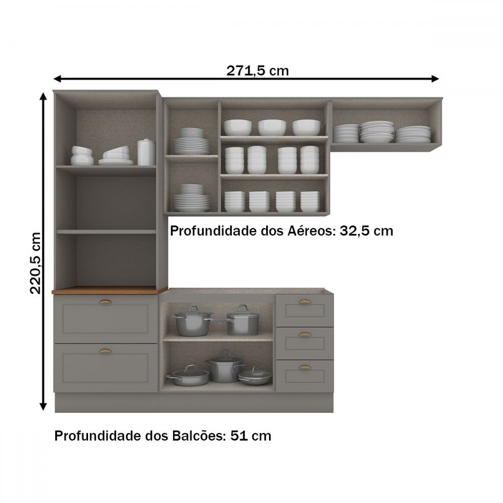 Cozinha Completa Americana 8 Portas 5 Gavetas Cinza Hp - Henn
