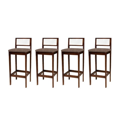 Kit 4 Banquetas Madeira Imbuia Cozinha Encosto Palha Rattan com Linho Marrom