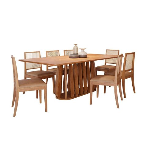 Conjunto de Sala de Jantar Mesa Pitanga 2,10m de Tampo Laminado e 8 Cadeiras Marcela - Madeira/