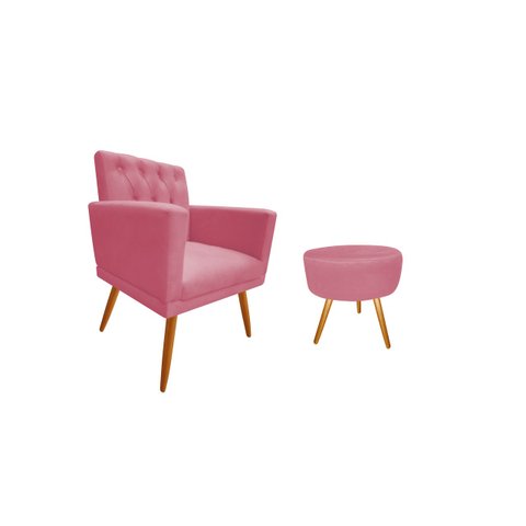 Kit Poltrona Decorativa Nina Capitonê + Puff Redondo Suede Rosa Pés Madeira Mz Decor