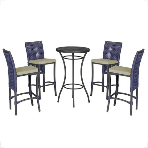 Mesa Bistrô e 4 Banquetas Roma Preta Corda Náutica Estofado 7 Trama Original
