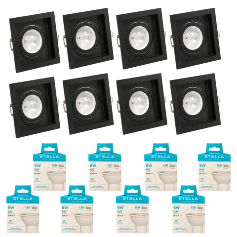 Kit 8x Spot Embutir Recuado Gu10 C/ Lâmpada Eco 6w Stella Cor:preto - Branco Quente