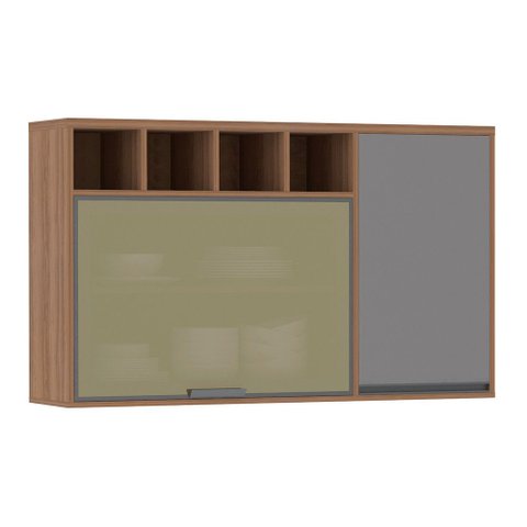 Armário Aéreo 120cm 1 Porta de Abrir 1 Porta Basculante Vidro Reflecta e Nicho Isa Luciane Móveis