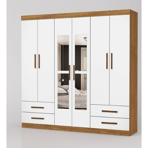 Guarda Roupa Casal com Espelho 6 Portas 4 Gavetas 177cm Hercúles Cinamomo/Off White - Carioca Móveis