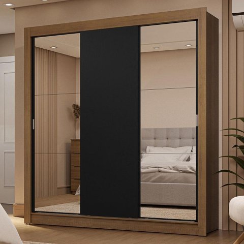Guarda-roupa Casal 3 Portas de Correr com Espelhos 2 Gavetas Rustic/preto Sublime Madesa Rustic/