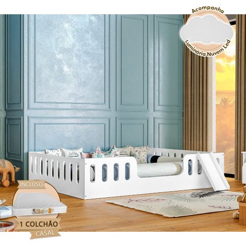 Cama Infantil Helo Casal com Colchão Escorregador e Luminária Divaloto Montessoriana Seguro - Branco