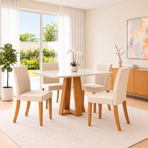 Conjunto Sala de Jantar Mesa Lisa 120cm com Tampo MDF e Vidro Redonda 4 Cadeiras Lily