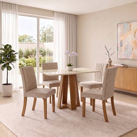 Conjunto Sala de Jantar Mesa Lisa 120cm com Tampo MDF e Vidro Redonda 4 Cadeiras Lily