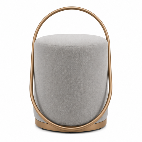 Puff Banqueta Decorativo com Base de Metal Ferro e Tecido em Linho Bege Cinza - Cinza/Bronze