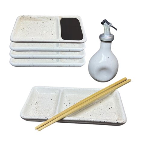Kit 4 Pessoas Oriental com Prato Divisória para Shoyu Porcelana Creme Comida Japonesa Jogo Mesa